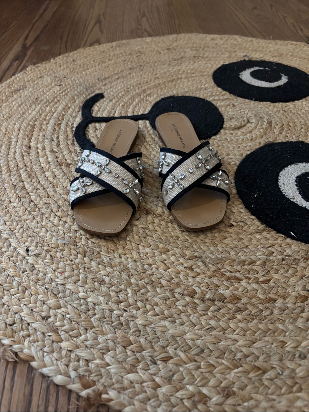 ANTONIO MELANI Beige and Black Crystal-Studded Slide Sandals